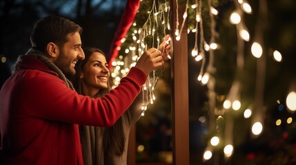 Fototapeta na wymiar Couple hanging Christmas light outdoor, happy husband and wife activity
