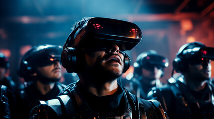 Futuristic virtual reality concept futuristic man in VR glasses