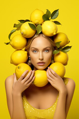 Fototapeta na wymiar The queen of citrus fruits. Portrait of a beautiful woman covered in lemons. Advertising concept.