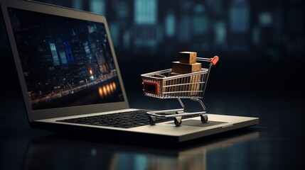 A laptop screen with a small shopping cart, illustrating online shopping