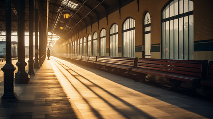 A train station with the sun shining through the windows