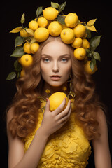 Fototapeta na wymiar The queen of citrus fruits. Portrait of a beautiful woman covered in lemons. Advertising concept.