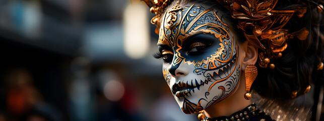 Obraz premium An attractive young woman dressed up as La Catrina for carnival, Day of the Dead. Space for text