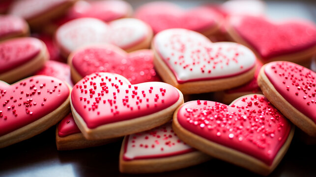 Cookies in the shape of hearts in glaze. Generative AI,