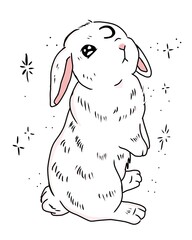 drawing illustration of cute holland lop bunny on white 