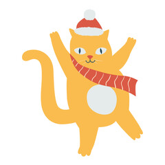 Dancing Cat In Scarf And Santa's Hat
