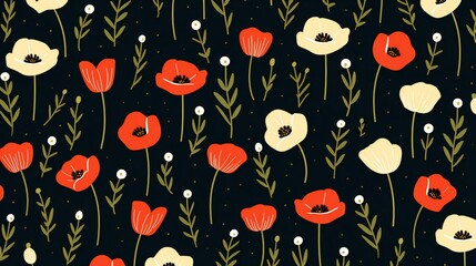 Colorful Illustrated Pattern of Poppies and Wildflowers on a Dark Background