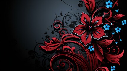 Striking Red and Blue Floral Abstract Design on a Dark Gradient Background