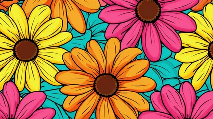 Colorful Floral Abundance: Pink and Yellow Daisies Against a Bright Aqua Background Illustration