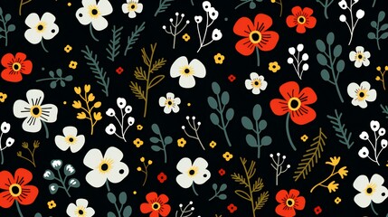 Enchanting Midnight Garden: Red and White Blooms Sprinkled Across a Starless Black Backdrop