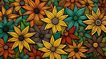 Nature's Palette: Warm Autumn Flowers Bursting with Life on a Textured Wooden Canvas