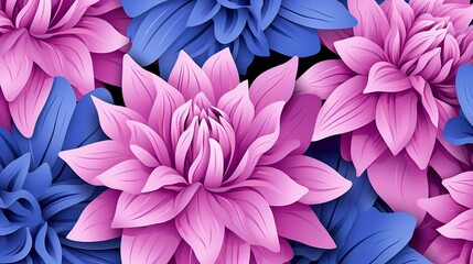 Vivid Dahlia and Chrysanthemum Illustration in Bold Magenta and Blue Tones - obrazy, fototapety, plakaty