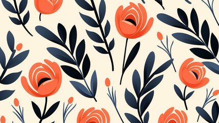 Simplistic Elegance in Coral and Navy: Modern Floral Pattern for Chic Fabric Design