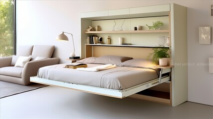 Fototapeta na wymiar a multi-functional bedroom with a fold-down desk and hidden storage