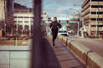 Urban Runner on a City Bridge Morning Jog