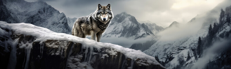 Wolf against the backdrop of a winter landscape.