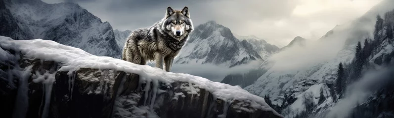 Fotobehang Wolf against the backdrop of a winter landscape. © Анастасия Козырева