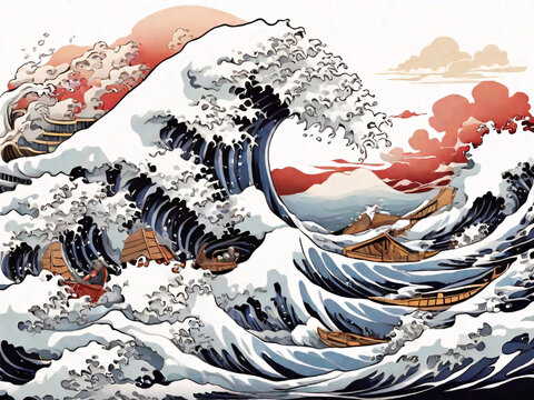 Japan swirl wave ocean painting illustration. tsunami drawing, Japanese asia and oriental traditional line art design.