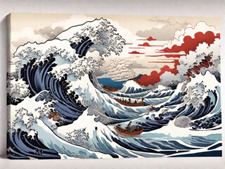 Japan swirl wave ocean painting illustration. tsunami drawing, Japanese asia and oriental traditional line art design.