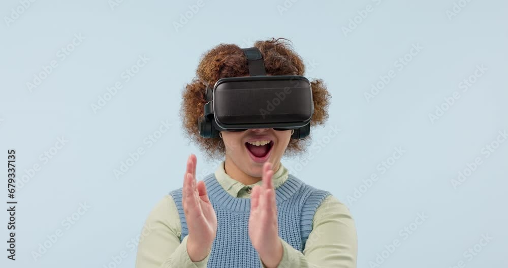 Poster vr glasses, business woman and hands scroll with metaverse, virtual reality and futuristic game in s