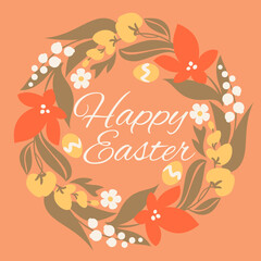 Easter design with elegant flowers. Cute vector illustration of floral wreath and easter egg. Playful concept for seasonal poster or greeting card