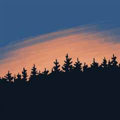 Fototapeta na wymiar A dramatic night sky with the glow of the sun. Coniferous forest silhouette on a blue background. Beautiful fantastic landscape. Vector art illustration