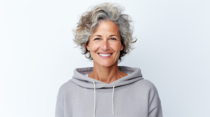 Studio portrait of stylish middle age smiling 50-55 year old woman wearing a sweatshirt posing on grey background.
 - obrazy, fototapety, plakaty