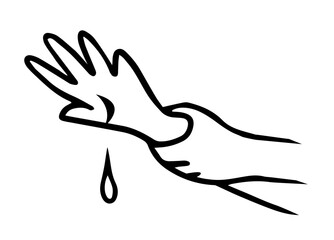 Domestic injury. Blood dripping from a wound. Cartoon vector illustration. Hand drawn line. Black and white sketch