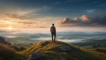 Obraz premium Golden Perspective: Man Walking on the Mountain at Sunset