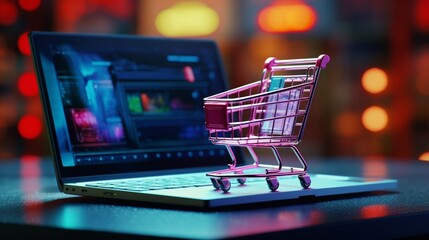 a virtual shopping experience with a laptop and a mini shopping cart, portraying the concept of online retail