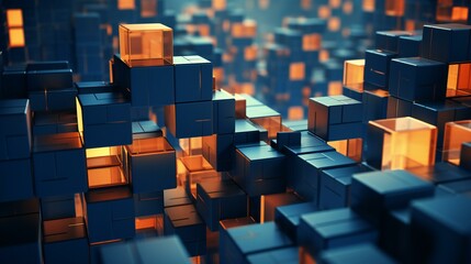 Obraz premium Abstract Cubic Landscape Bathing in Ethereal Orange and Blue Light