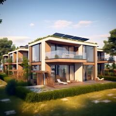 Modern eco-friendly multifamily homes with photovoltaic cells.