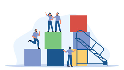 Man in flat vector illustration showcases the idea of a young employee seizing the opportunity for career development and personal growth. Collaborative steps taken towards achieving corporate goals