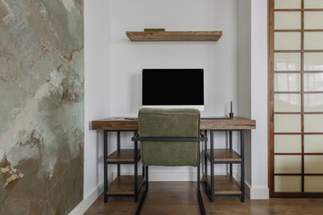 Modern Japandi interior design appartment in earth tones, natural textures with wooden solid oak...