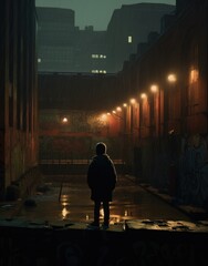 A man stands in the dark in an alley. Generative AI.