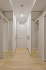 Entrance area with white wooden cabinets with mirrors and wooden flooring