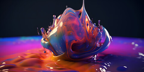 Abstraction of splashed mixed colored paints creating curves with lots of energy in orange and blue colors.