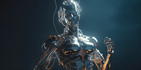 A female robot in a shiny metal case with wires all over her body. Dark background.