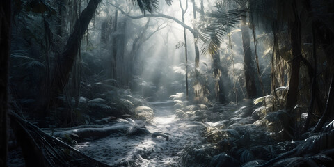 Winter rainforest with snow-covered tree branches. Tropics full of snow. - obrazy, fototapety, plakaty