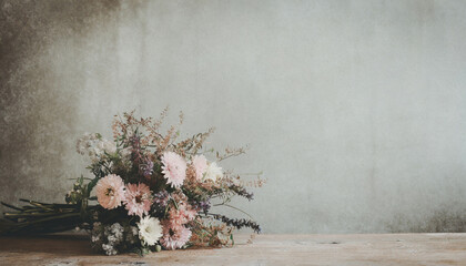 wild flower bouquet on vintage table; widescreen wallpaper / background with text space - obrazy, fototapety, plakaty