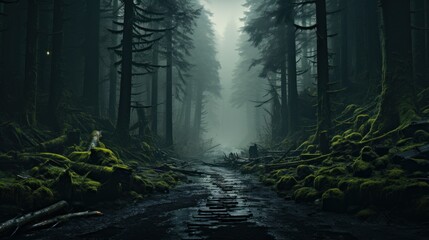A forest filled with lots of trees covered in fog  AI generated illustration