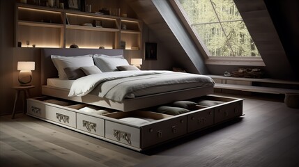 a serene bedroom with drawers under the bed and hidden compartments
