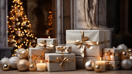 Fototapeta na wymiar Beautiful Christmas gift boxes on flooneafitre AI generated illustration