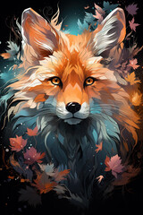 Enigmatic Fox Portrait with Autumn Leaves in a Mystical Digital Artwork