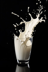 Milk splashes out of a transparent glass on a black background.