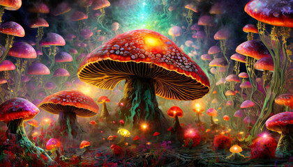 Fototapeta na wymiar The transformative power Psychedelic psilocybin mushroom. Improving consciousness and understanding reality while letting go of the ego