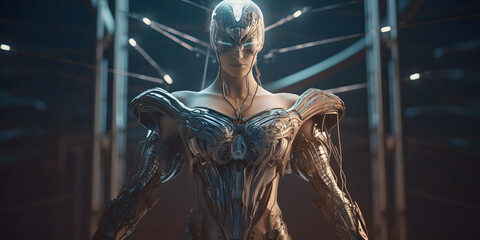 Cyborg woman in cybernetic armor in front view. Industrial background.