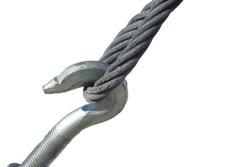 Metal turnbuckles and sling steel in construction site, isolated on white background. Fastening of...