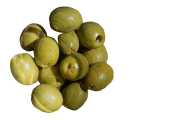 Ripe green olives (Olea europaea) on the white background. Ingredient for dietary food. Culinary background texture.