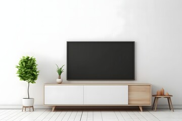 Modern interior of living room with tv on the cabinet on dark blue wall background.